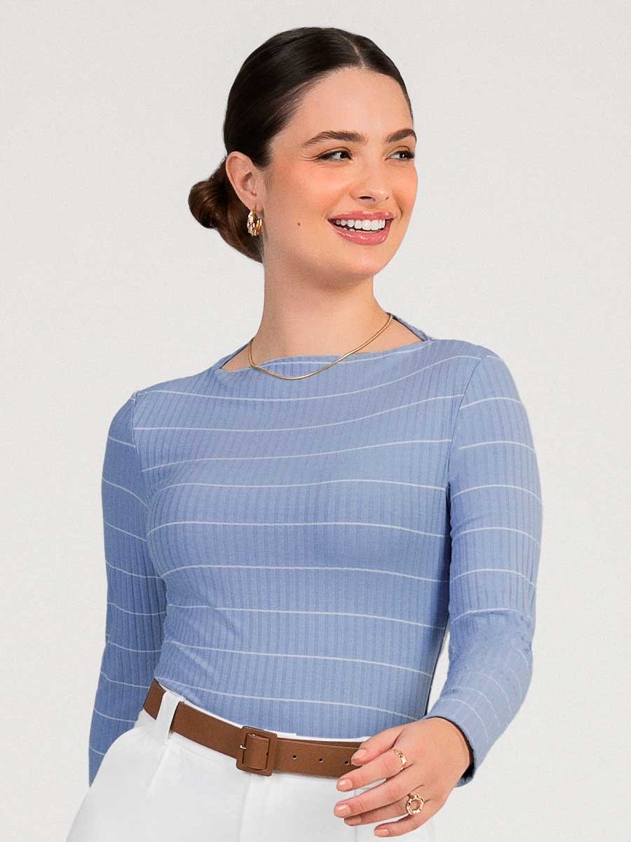 Blusa de Manga Longa Canelada e Listrada Cativa Azul