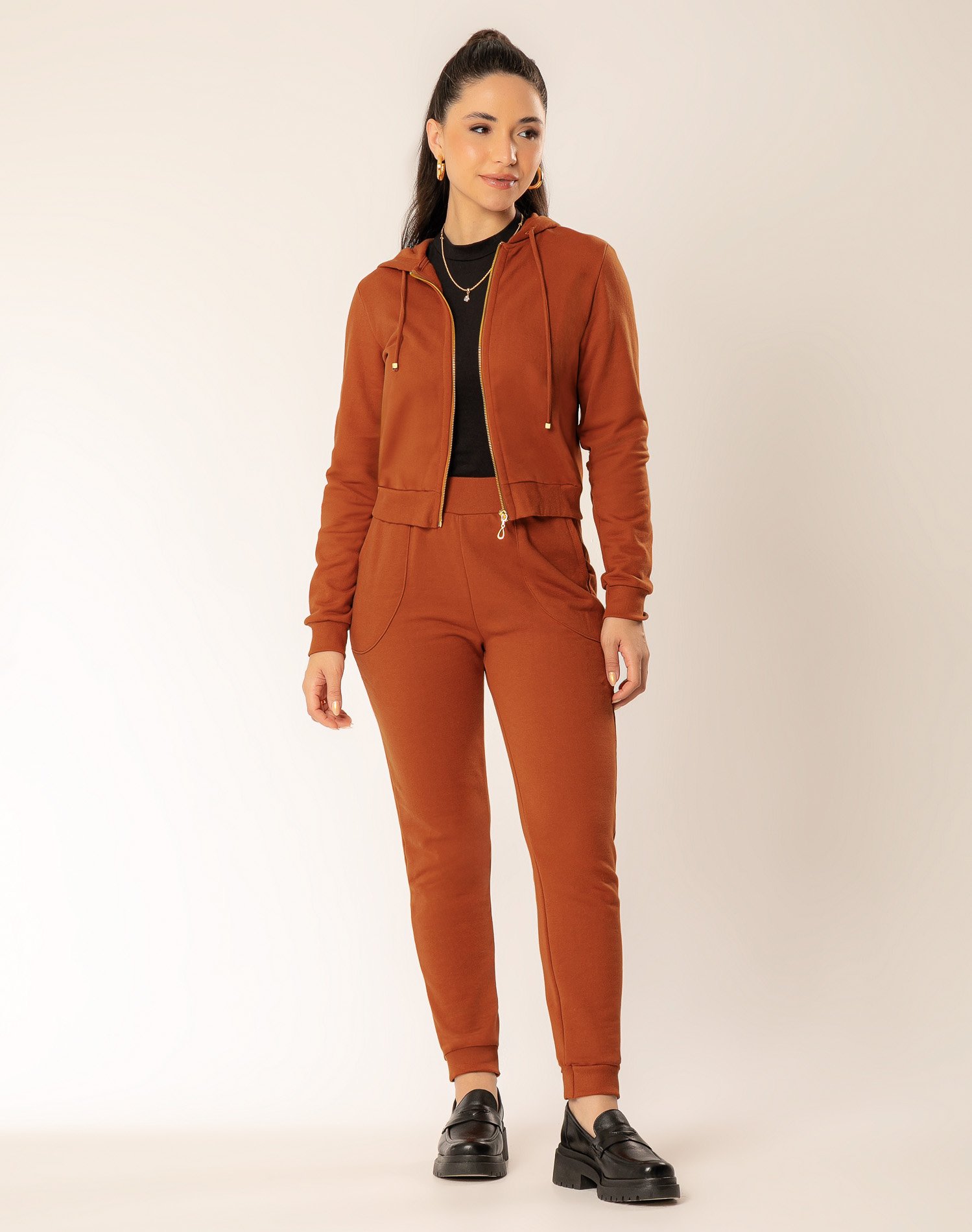 Conjunto de moletom com capuz feminino Cativa MARROM CINNAMON